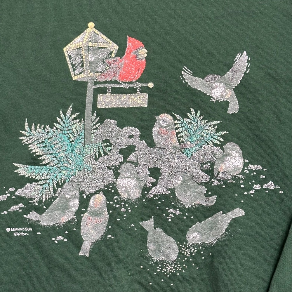 Morning Sun Sweatshirt Womens Size L Green Vintage Bird Cardinal USA Made